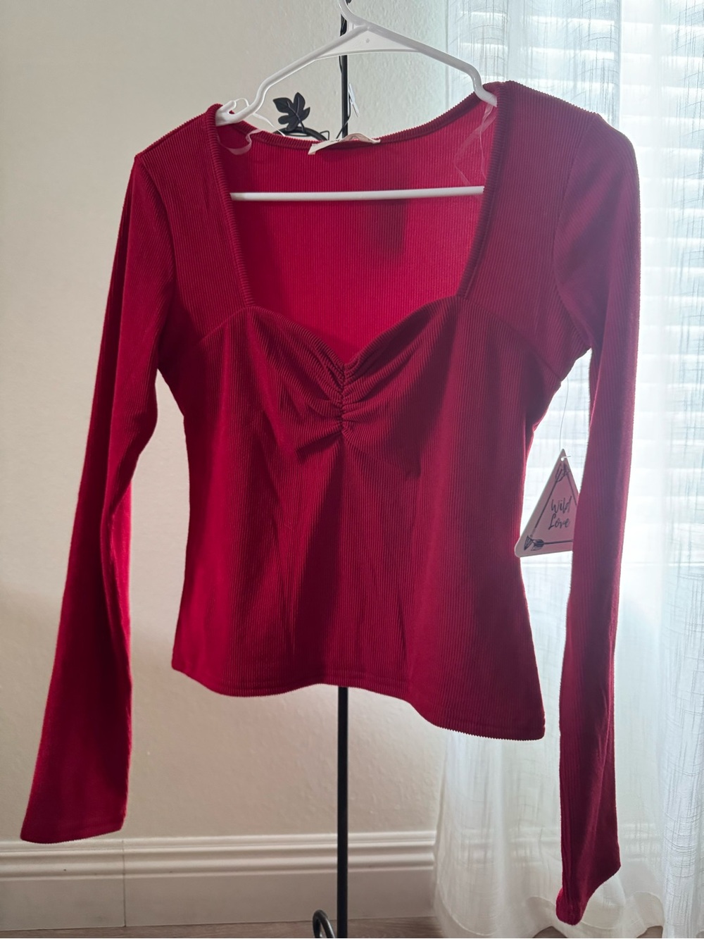 Red Ruched Rib Long-Sleeve Top - Wild Love - Picture 2 of 7